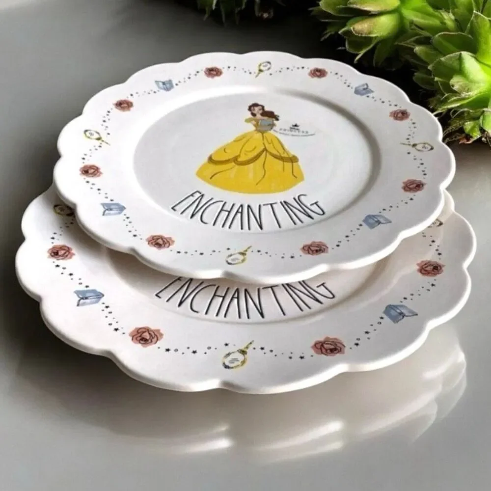 NWT Set Of 2 Rae Dunn Disney 11”Belle Enchanting Scalloped Ceramic Dinner Plates